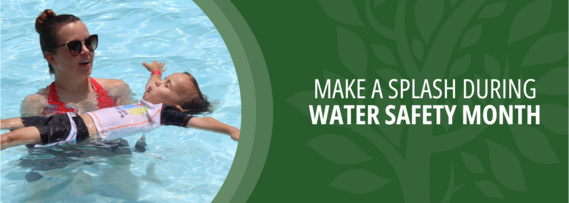 Make a Splash during Water Safety Month; Photo of an adult teaching a child to float in a pool
