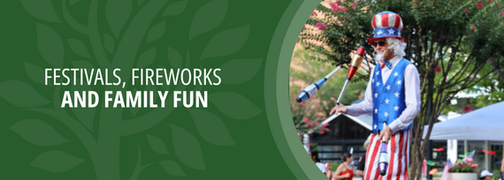Festivals, Fireworks and Family Fun; Photo of a juggler as "Uncle Sam" dressed in red, white and blue