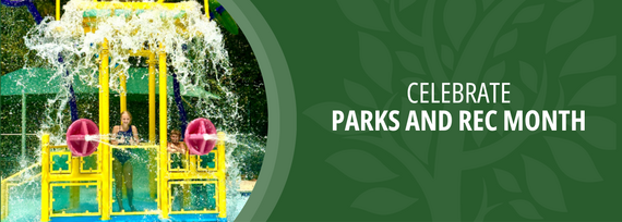 Celebrate Parks and Rec Month; Photo of a girl under a splash bucket with water raining down.