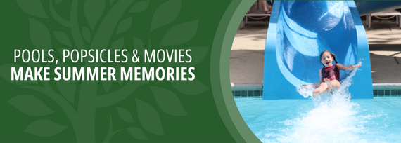 Pools, Popsicles & Movies make Summer Memories; Photo of a child on a water slide splashing