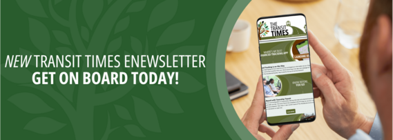 NEW Transit Times enewsletter, get on board today! Photo of a person holding a cell phone with text