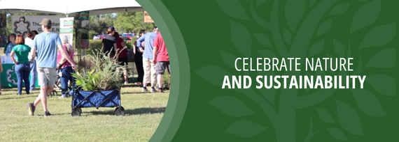 Celebrate Nature and Sustainability; Photo of a person standing in a park with a blue wagon full of plants