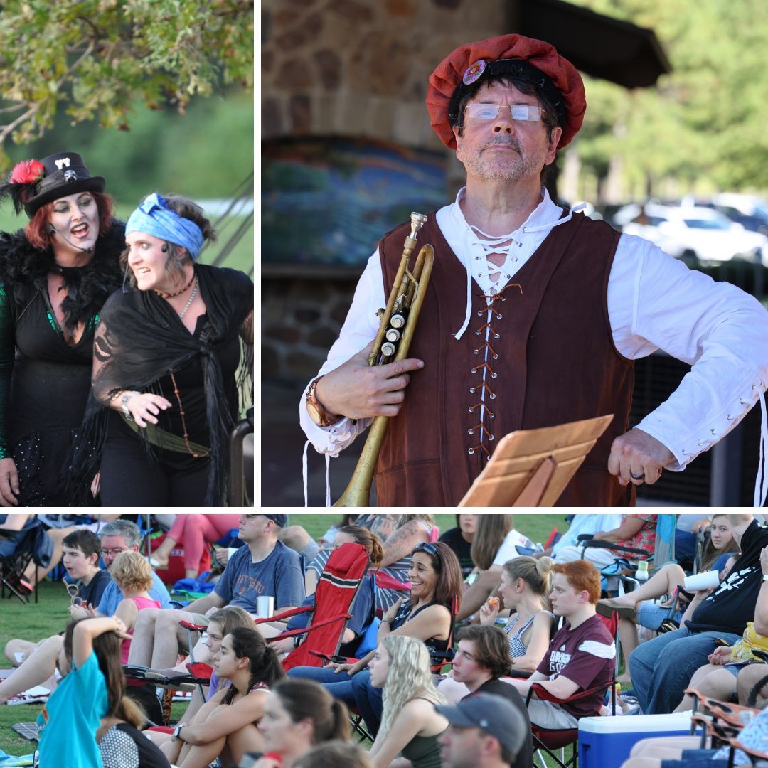 Actors on stage, trumpet player in renaissance outfit, crowd in park smiling