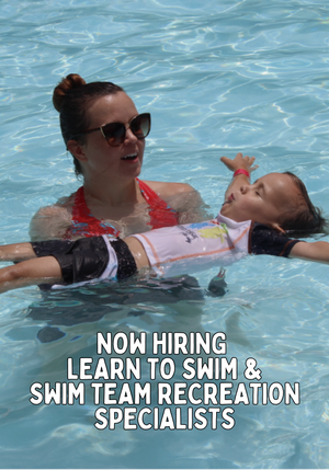 Photo of woman teaching boy to float in pool with Now Hiring text on image