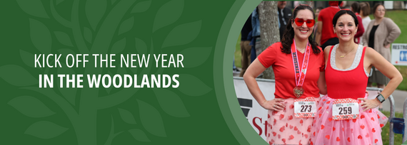 Kick Off the New Year in The Woodlands; Image of two smiling race runners wearing pink