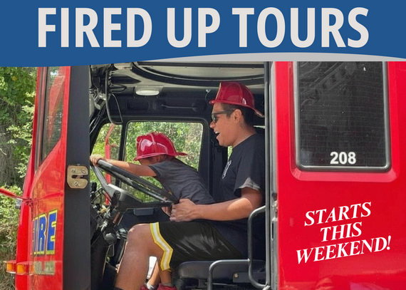 Text, "Fired Up Tours at The Woodlands Fire Stations," with a photo of two young people sitting in a fire truck