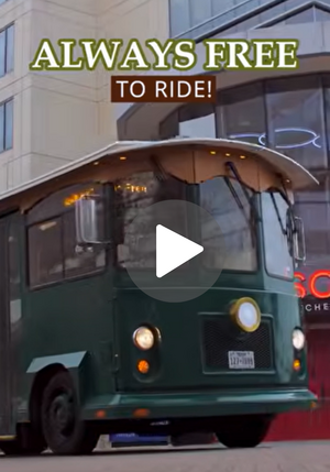 Green trolley with text, "Always free."