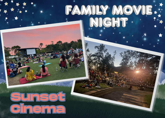 Text, "Family Movie Night and Sunset Cinema' with photos of people sitting on the grass at a park watching a big screen