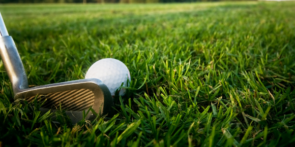 A white golf ball on green grass