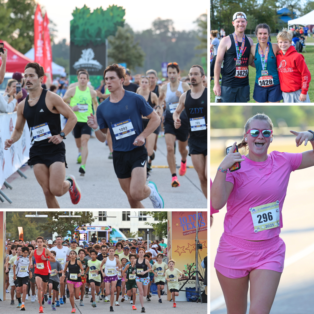 A group of photos of race participants running in a race.
