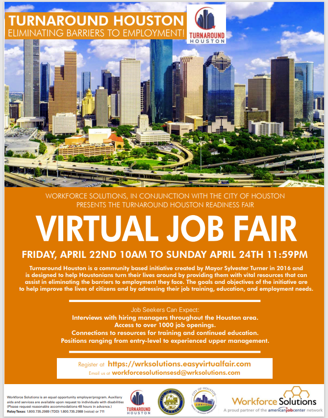 City of Houston Virtual Job Fair, Friday, April 22, 2022 10am4pm