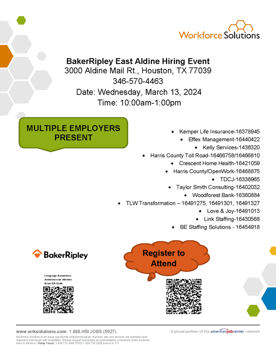 BAKERRIPLEY EAST ALDINE HIRING EVENT