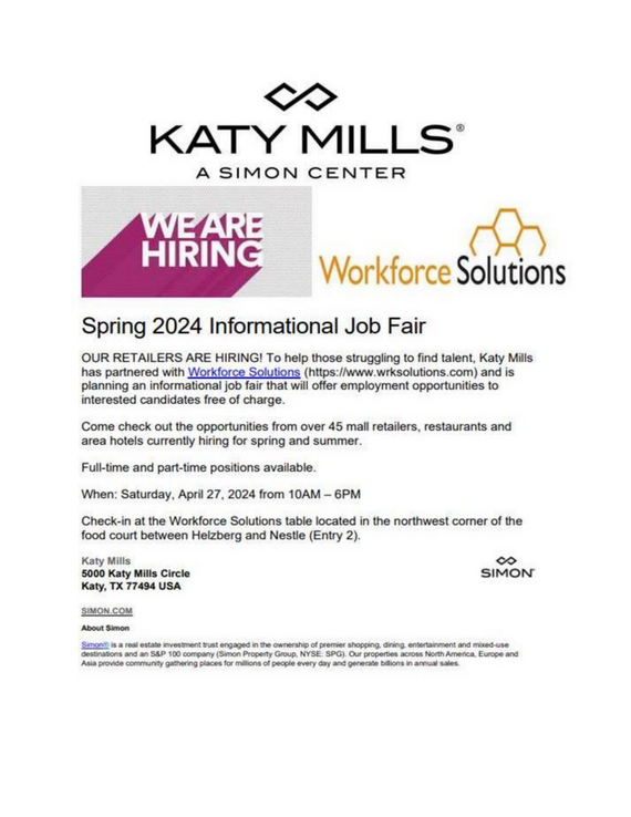 KATY MILLS SPRING 2024 INFORMATION JOB FAIR