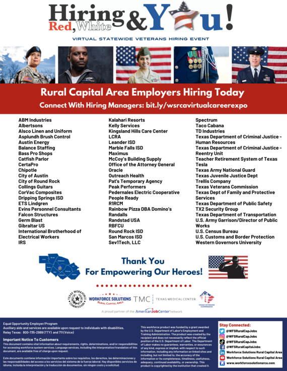 WSRCA Hiring Red, White & You! Rural Capital Area Employers Taking Part