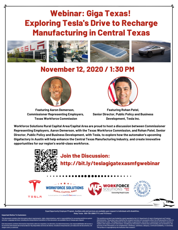 Webinar Flyer Giga Texas! Exploring Tesla's Drive to Recharge Manufacturing in Central Texas