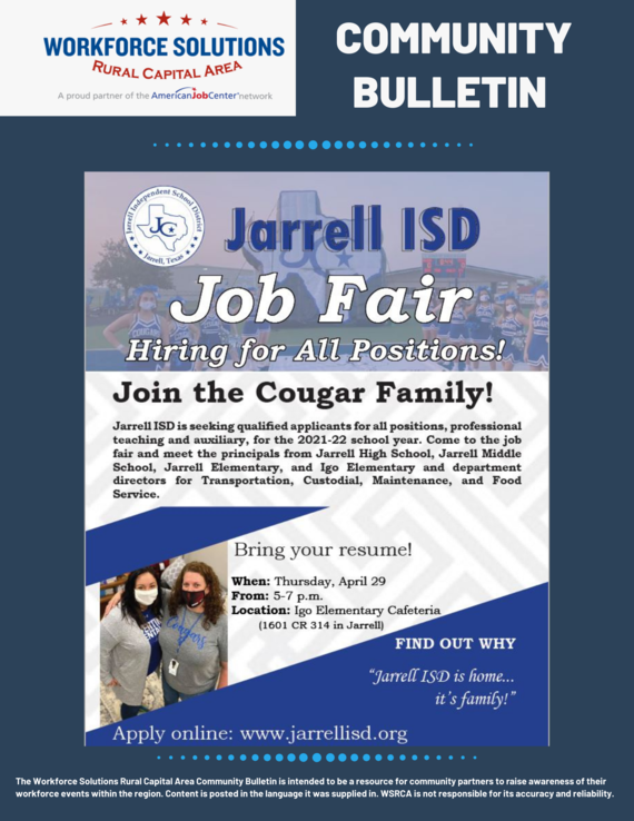 Community Bulletin Jarrell ISD Hiring Fair