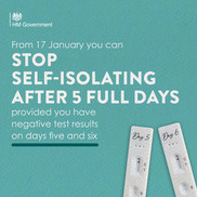 Image of two LFD tests with text explaining that from 17 January you can stop self isolating after 5 full days