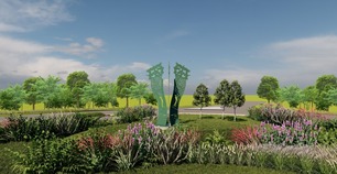 A visualisation of a low drone view of the proposed new three part sculpture at Goldthorpe roundabout