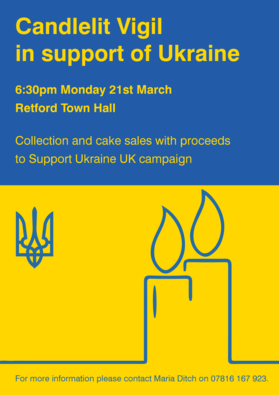 candle lit vigil for Ukraine 21st March 6:30pm Retford Town Hall
