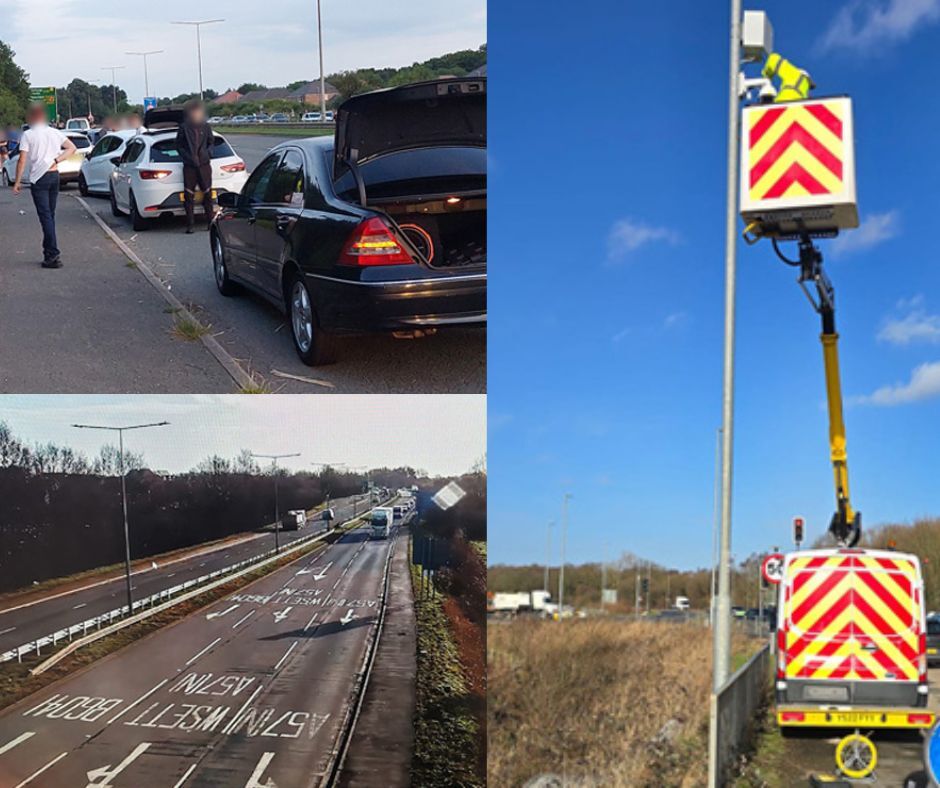 Images of A57 Worksop, A CCTV Camera being installed and an image of cars lined up at the side of a road