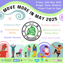 Graphic promoting the Move More in May celebration event. Refer to text below.