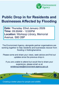 Informational poster on the Environment Agency's next flooding drop-in. Please refer to following text.