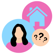 Icon of a woman, a house and question marks in colourful circles.