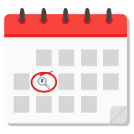 Calendar with a symbol of a lightning bolt under a magnifying glass.