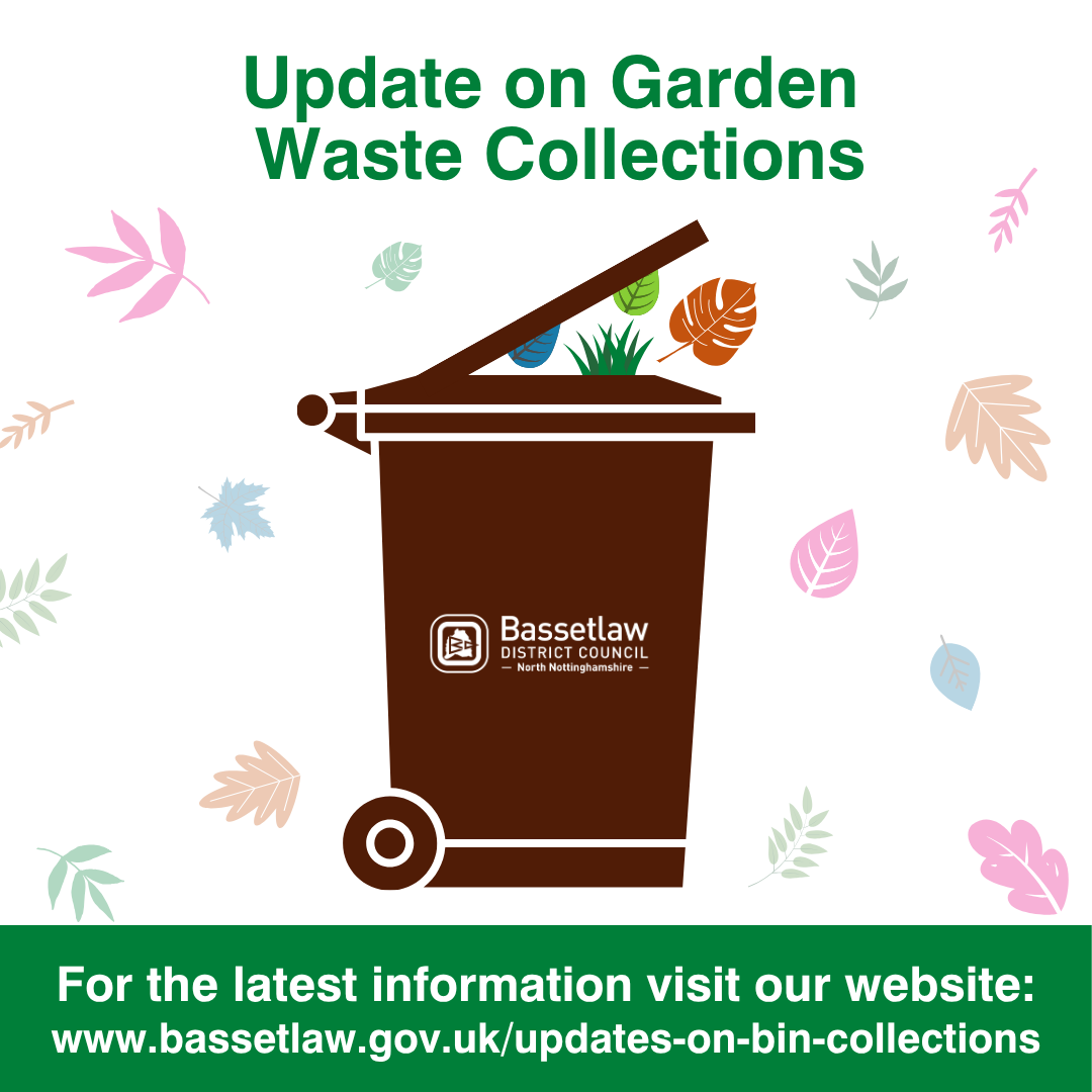 Illustration of a brown wheeled bin and garden waste items.