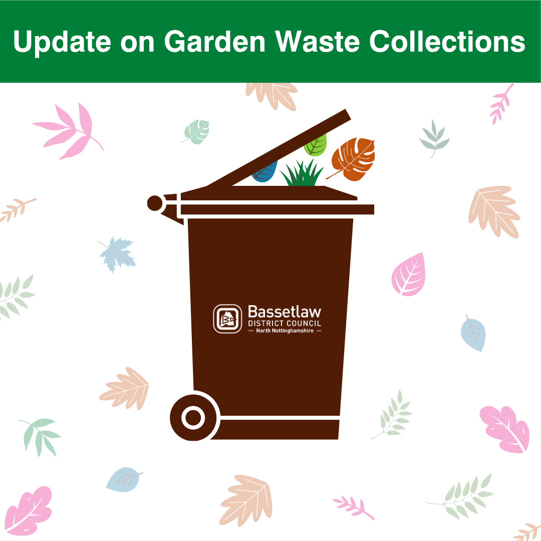Icon of a brown wheeled bin and colourful garden waste e.g. leaves, fern, etc.