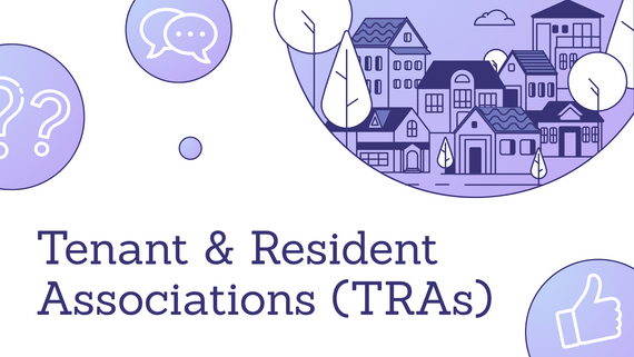 Line art of houses and icons such as a speech bubble, question mark and thumbs up.