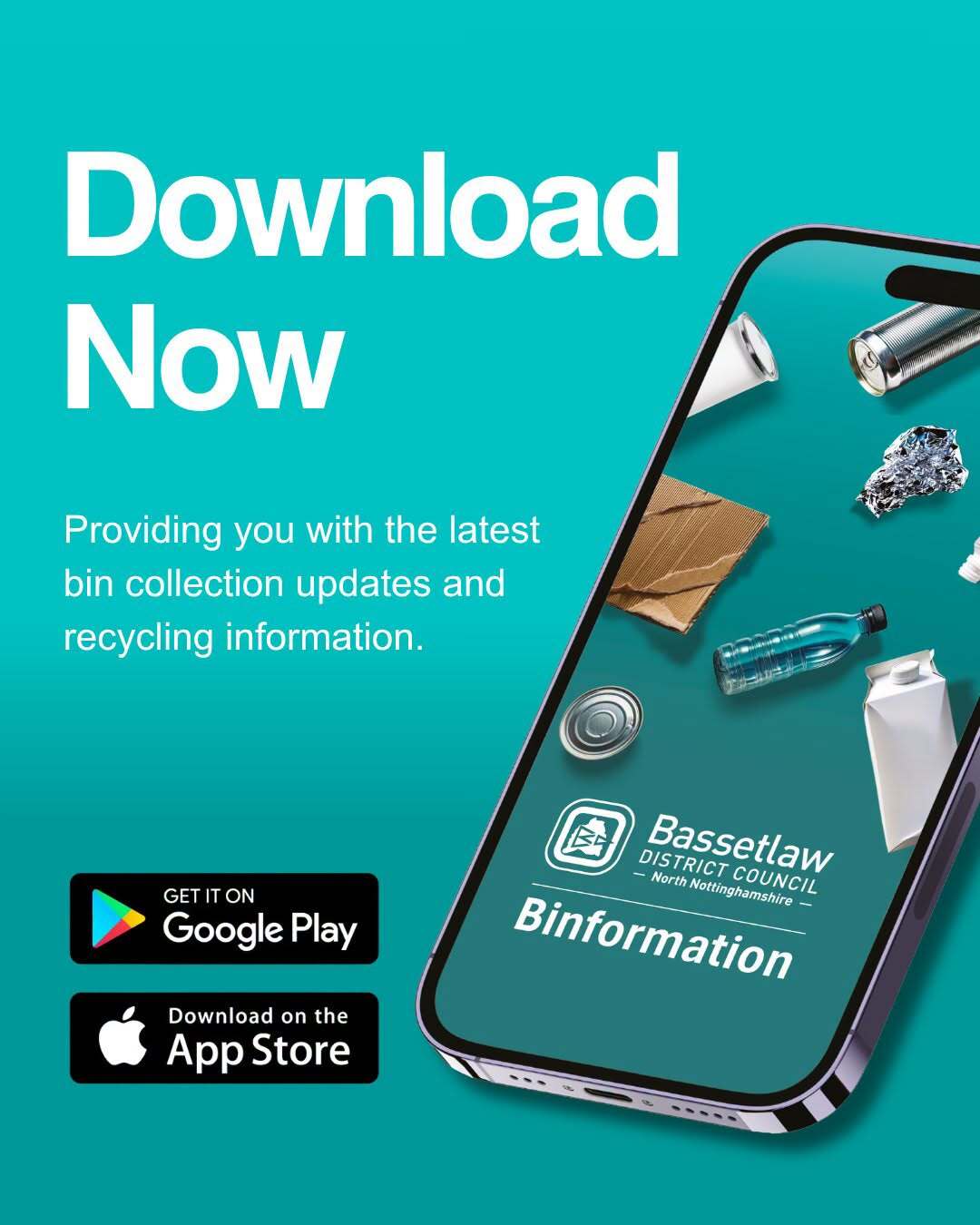 Mock-up of the Bassetlaw District Council binformation app on an iPhone screen. 
