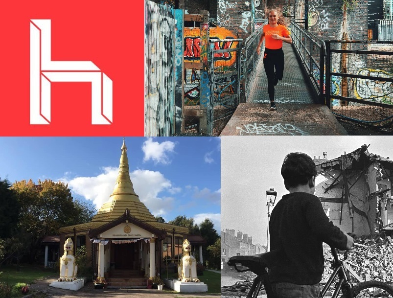 Heritage Week logo of a white letter 'h' in a red square, & photos depicting a woman running, a boy gazing at derelict buildings, & a  Buddhist temple