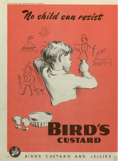 Advertisement showing a child drawing, with the caption 'No child can resist Bird's custard'.