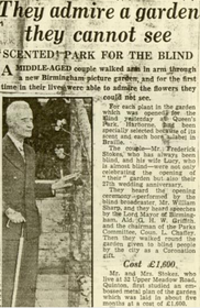 Newspaper cutting entitled 'They admire a garden they cannot see', showing a blind man touching a tree.