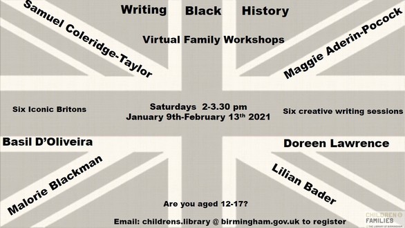 Writing competition poster in the form of black, grey, and white  Union Jack, listing writers' names & publicising how to take part.