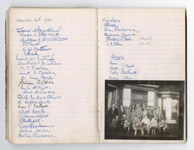 Photo of 2 pages from the club's minute book, showing a list of members & a photo of them (with dogs) outside the New Rose and Crown 26/12/1930.