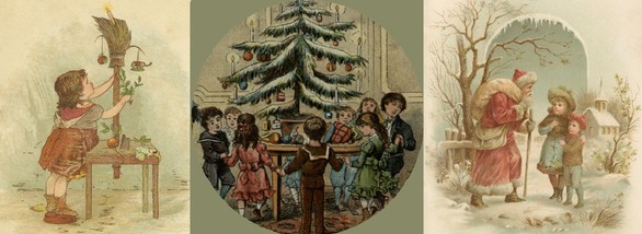 Montage of 3 festive greeting cards,  featuring a young girl decorating a broomstick, children around an Xmas tree, & Father Christmas in the snow.