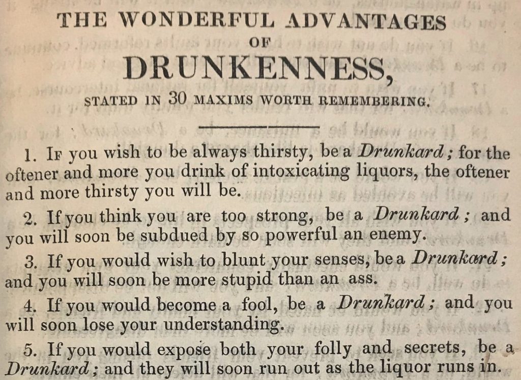 Extract from ‘A Selection of tracts & handbills published in aid of the Temperance Reformation’, showing 5 'Advantages of Drunkenness’.