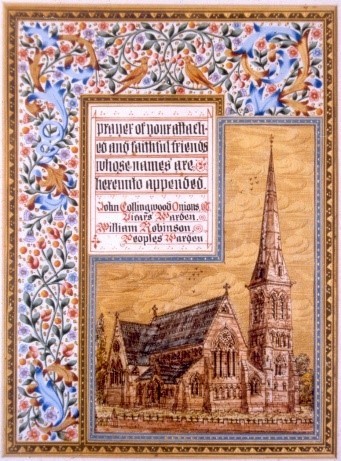 Image of an Illuminated Address presented to Revd. Frederick Thomas Swinburn, showing  what the church was to look like when finished.