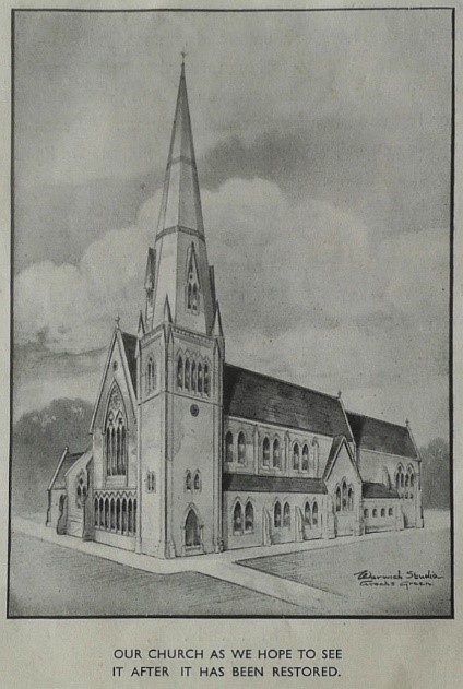 Black and white printed drawing of the church building entitled "Our church as we hope to see it after it has been restored".