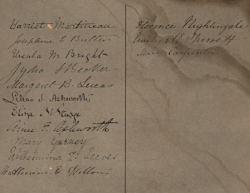 Close up of signatures in  the petition: Eliza Sturge, Ursula Bright, Lydia Becker, Margaret Lucas, the Ashworth sisters, Florence Nightingale & more.