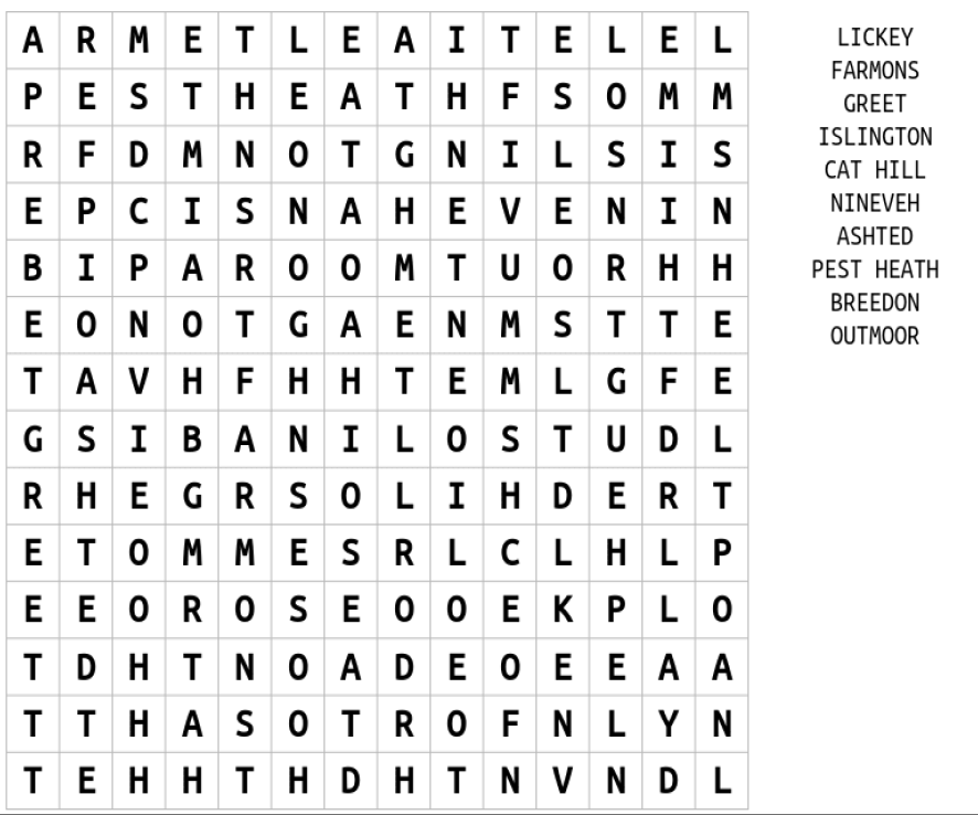Word search grid puzzle with letters and words hidden within