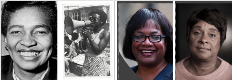 Four photos featuring people that inspired the workshops: Claudia Jones, Olive Morris, Diane Abbott and Baroness Lawrence of Clarendon.