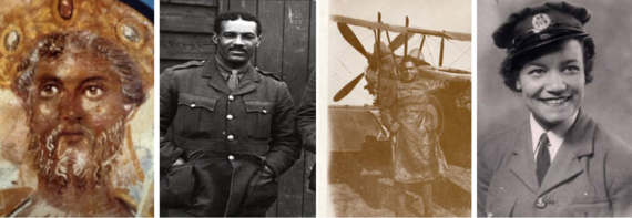 Four portrait images of Emperor Septimus Severus, Walter Tull, William Robinson Clarke, and Lilian Bader.