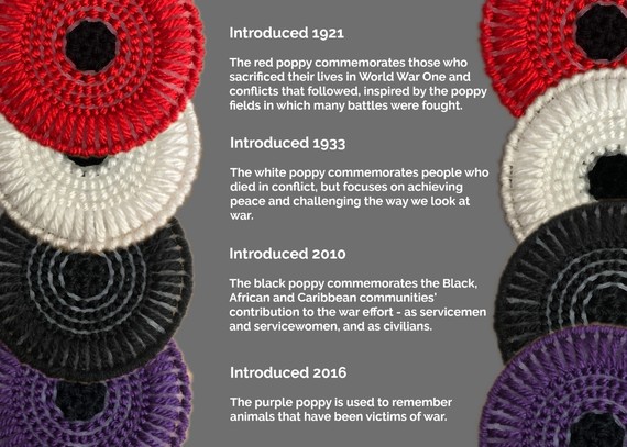Image showing stitched poppies in different colours together with a poppy timeline: red 1921, white 1933, black 2010, purple 2016.