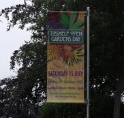 Lamppost banner advertising Tibshelf Open Gardens