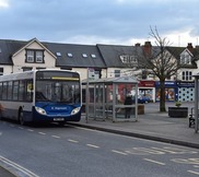 Bus at a bus stop at Shirebrook market place