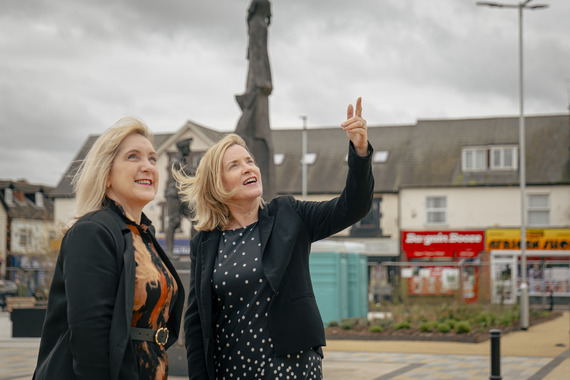 Karen Hanson and Jane Yates inspecting the pavillion in Shirebrook Marketplace