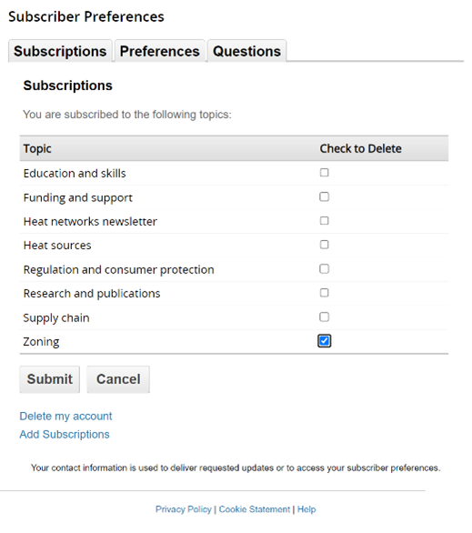 Screen grab showing selection of the Zoning topic within GovDelivery